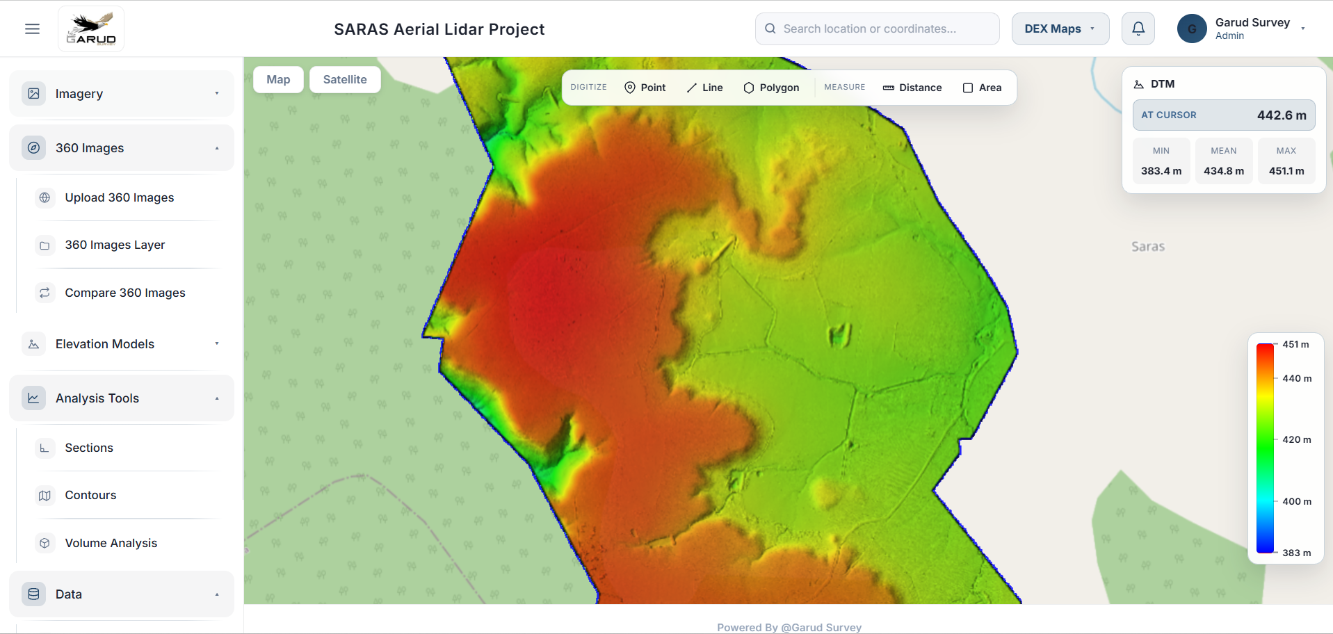 Cyne Visuals DTM with hillshade, elevation colour ramp and live min/mean/max readout