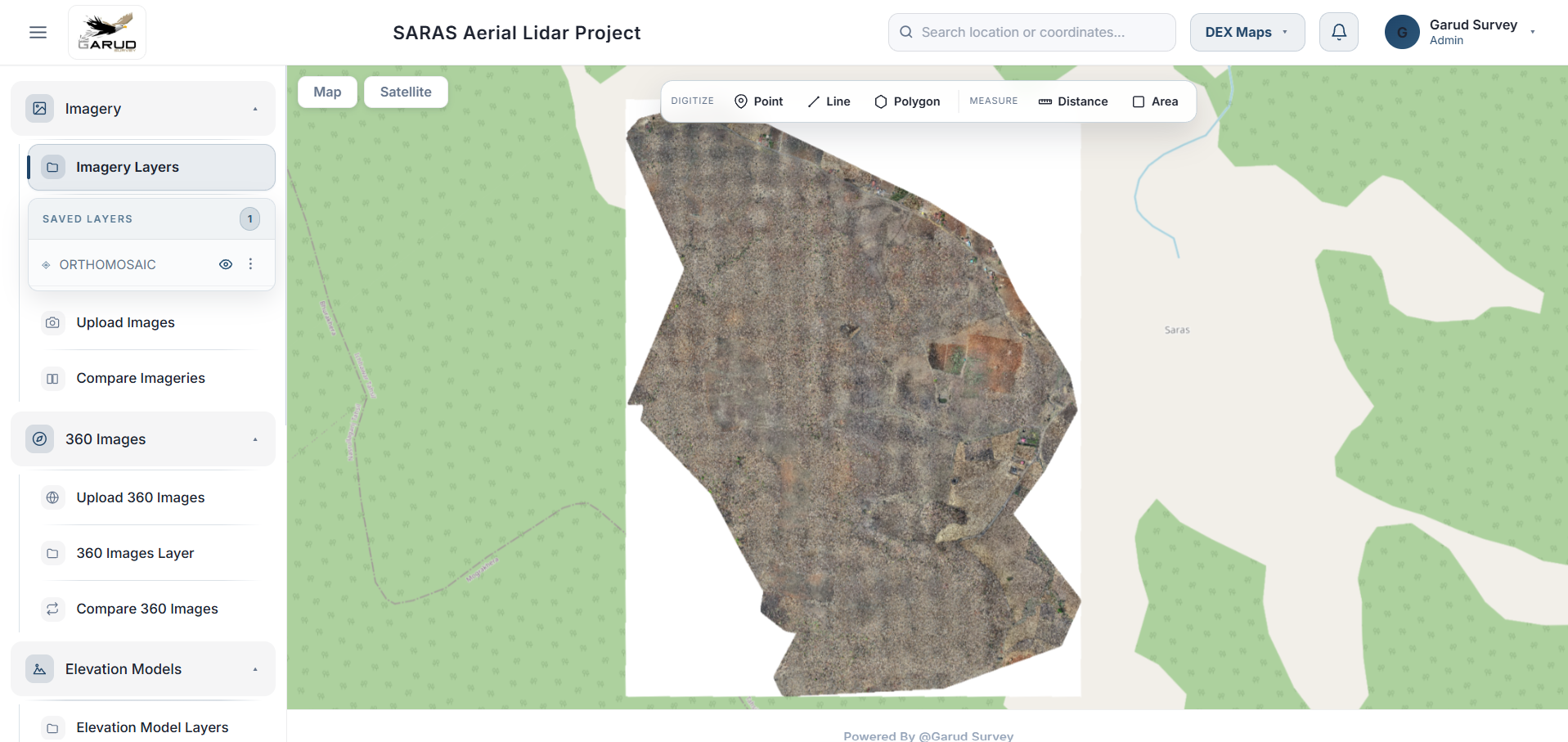 Cyne Maps — drone orthomosaic layer on a GIS basemap with digitize and measure tools