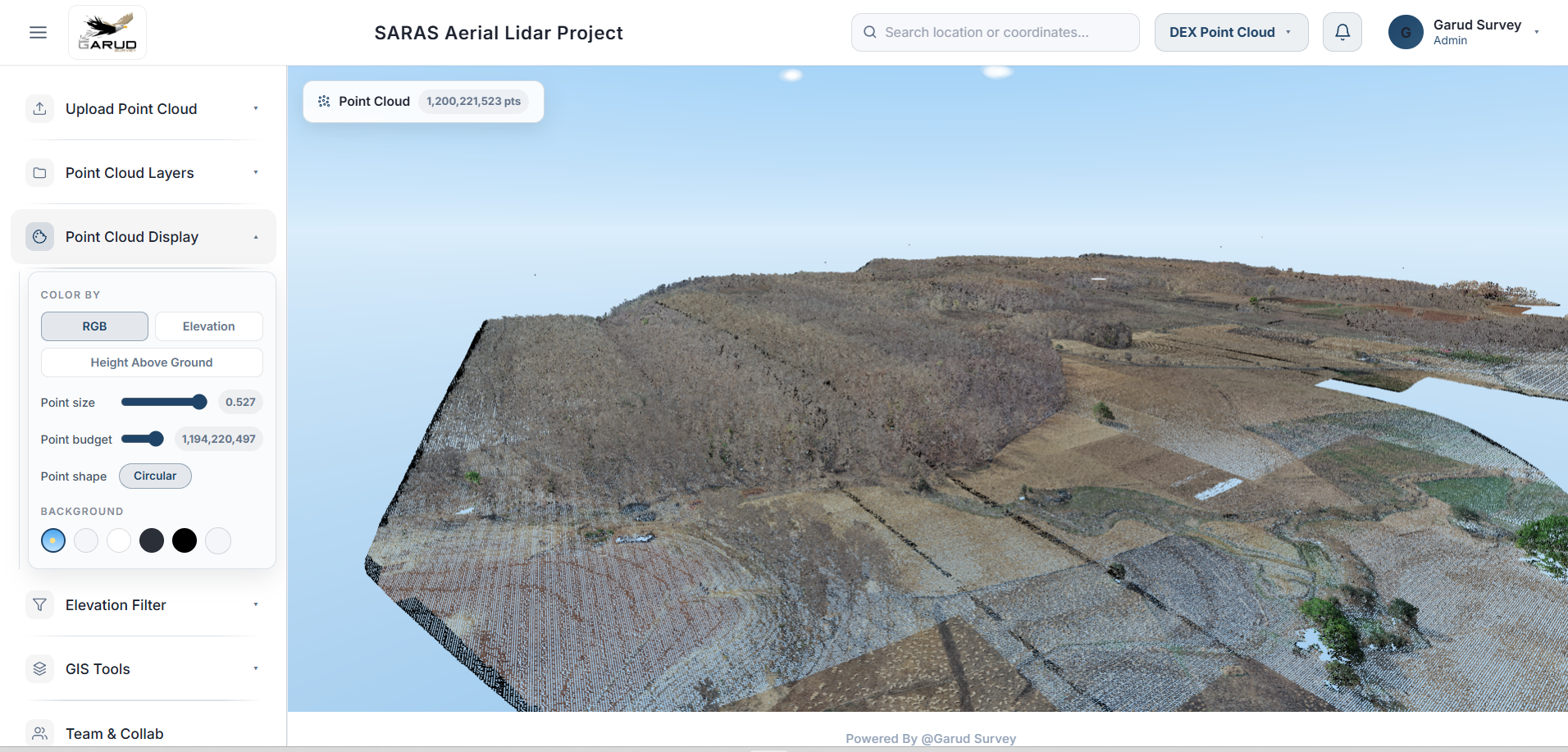 Cyne Point Cloud — 1.2 billion point LiDAR cloud with RGB/elevation display controls