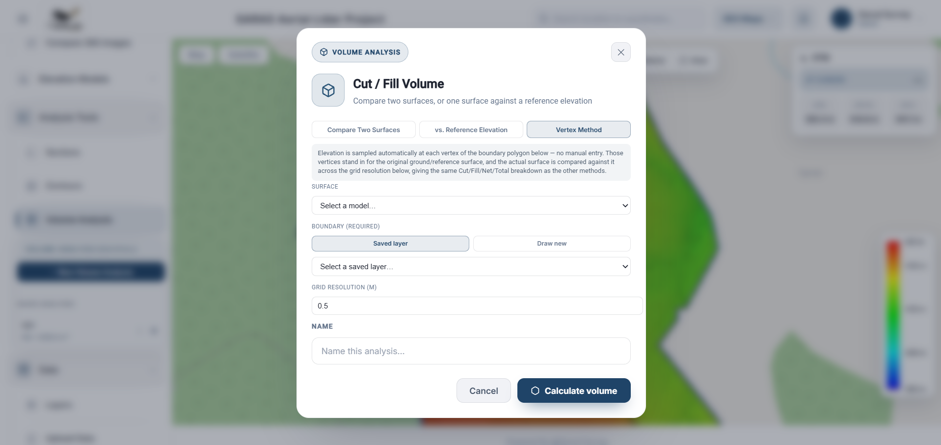 Cyne Visuals Cut / Fill Volume dialog — compare two surfaces, reference elevation, or vertex method