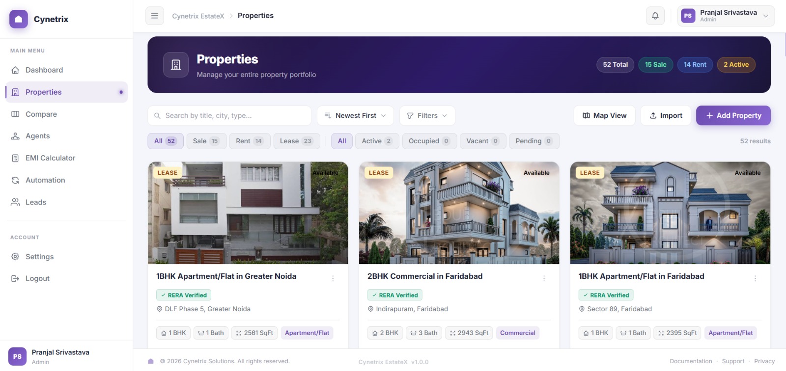 EstateX Compare — side-by-side property comparison with AI scoring across 9 metrics