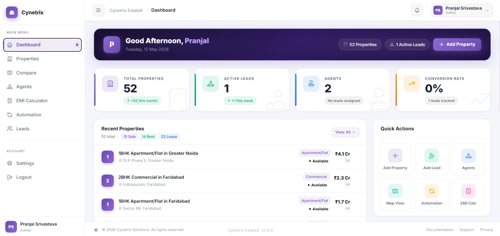 EstateX Dashboard — command center showing 52 properties, leads, agents, KPIs