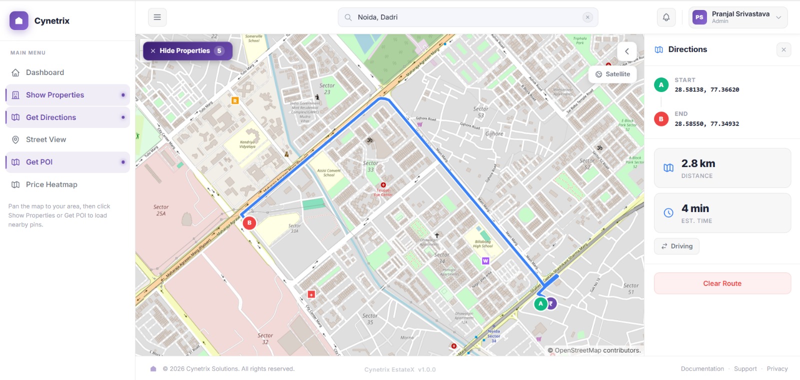 EstateX Map View — GIS map with property pins and detail popup