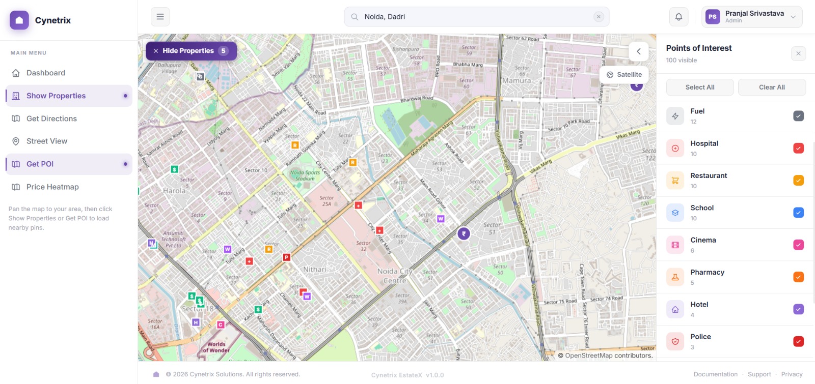 EstateX POI — 100+ points of interest shown on map with 8 category filters