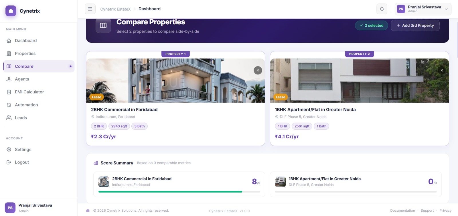 EstateX Property Listings — grid view with filters, RERA badges, and property cards