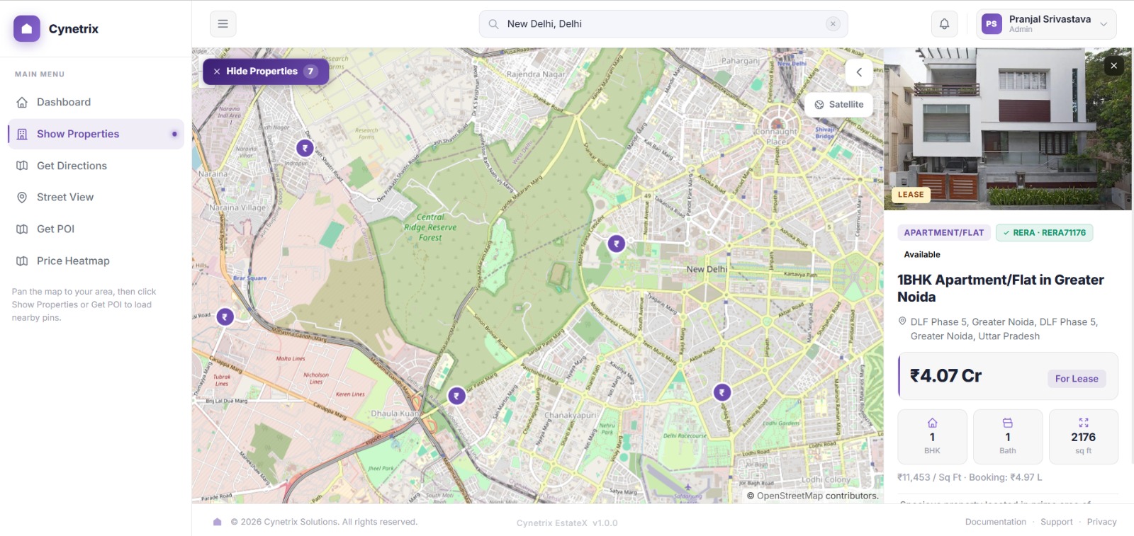 EstateX Directions — live route with 2.8km distance, 4min ETA, and turn-by-turn path