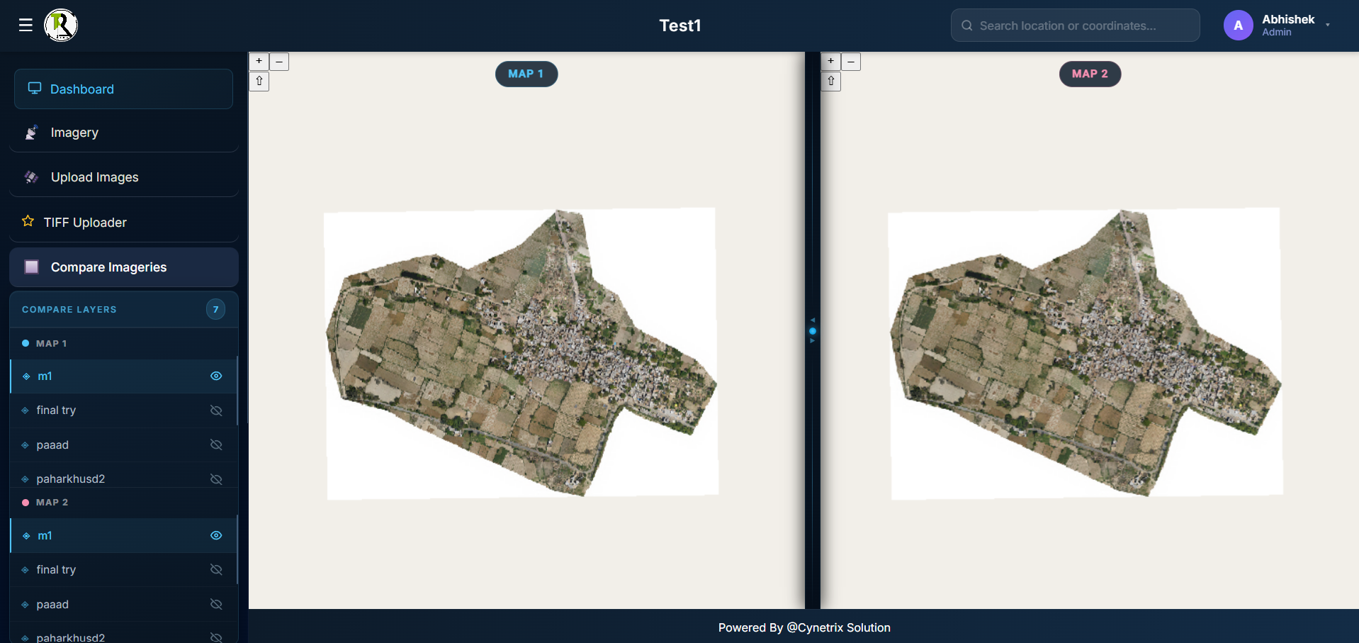 CyneTax Compare Imageries — MAP 1 and MAP 2 side by side with layer selection panel